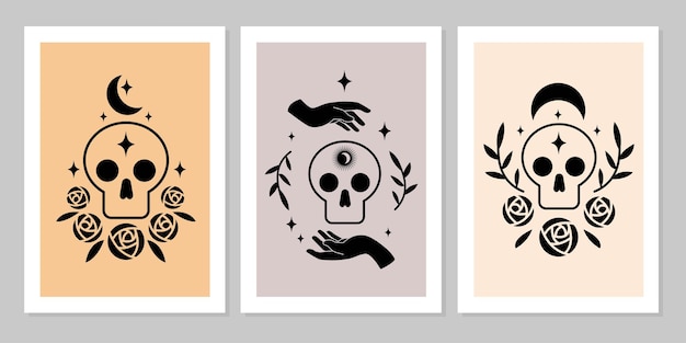 Set of skull magic symbols icon esoteric witch tattoos with crescent moon, rose flower, branch of leaves, star. Vector flat mystic vintage illustration. Design for poster, card, flyer, tarot