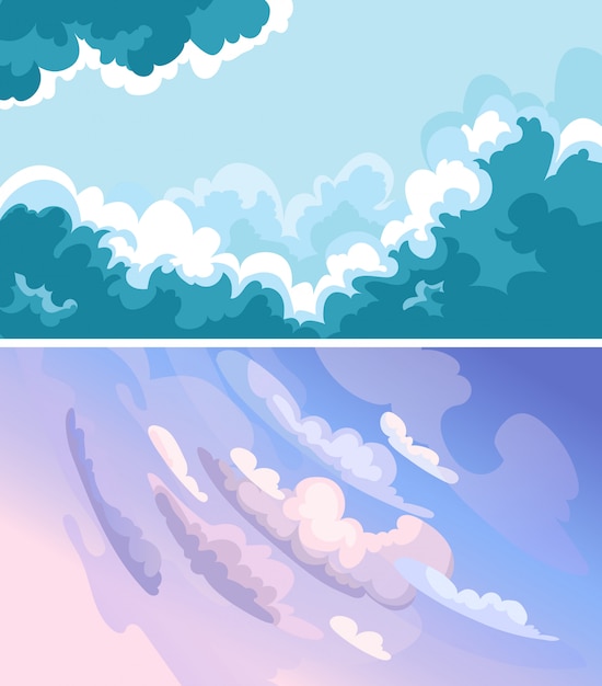 Set of sky landscapes. Beautiful clouds in cartoon style.