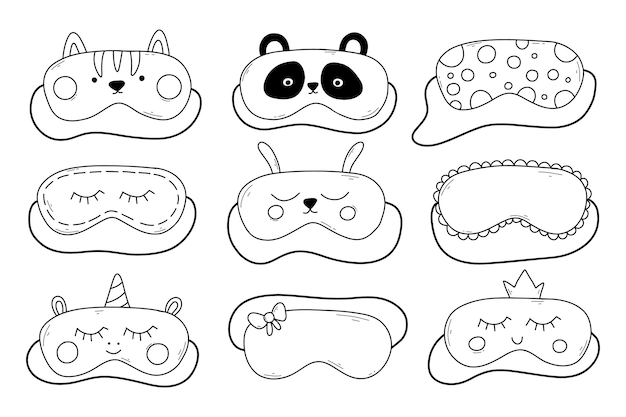 Set of sleep masks in doodle style Collection of linear masks Vector illustration Iasca for sleeping with a cat panda unicorn