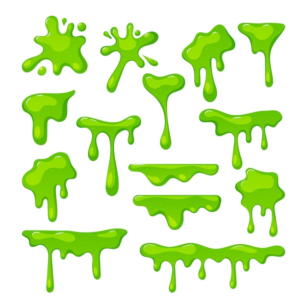 Set Of Slime Splashes Liquid Goo Of Toxic Green Color Abstract Blots Dripping Halloween Texture For Banner Decoration