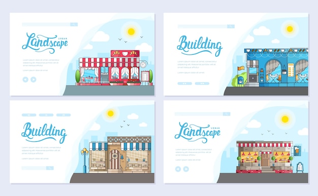 Set of small cute coffee houses and cafe buildings exteriors. Layout modern   concept.