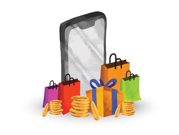 set smartphone shopping online gift box paint watercolor design