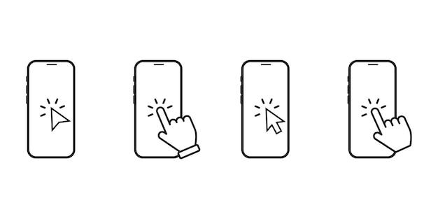 Set of smartphone touch screen icons. Click on the smartphone. Hand click press touch screen