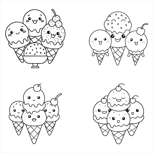 Set of Smiling Ice Cream Cone Coloring Pages A Fun Collection of Delightful Ice Cream Cone Designs