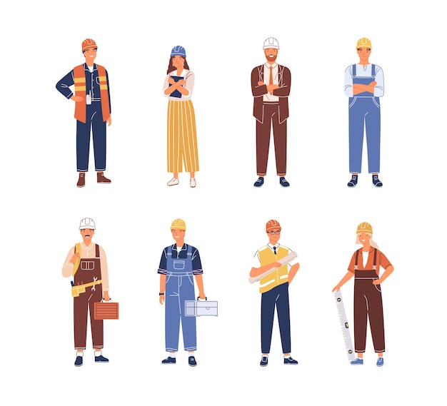 Set of smiling people industry or construction workers, engineers vector flat illustration. Collection of man and woman in uniform and hard hats isolated on white. Person with professional equipment.