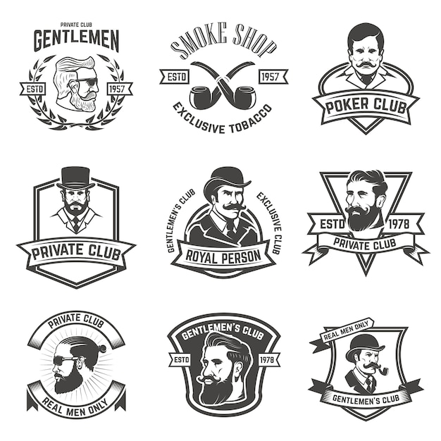 Set of  smokers club, gentlemen club labels.  elements for logo, emblem, sign, brand mark.  illustration.