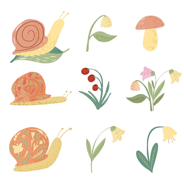 Set snail and flower on white background. Funny cartoon character: snail, lily of the valley, bellflowers, mushroom, leaf, berry in doodle style 