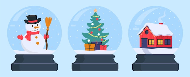 Set Of Snow Globes For Christmas Decoration Glass Ball Vector Illustration In Flat Style