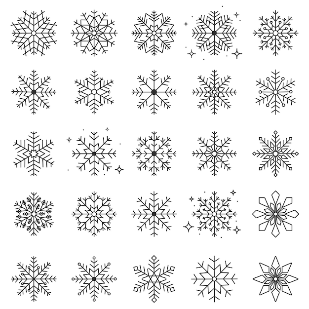 Set of snowflakes in different shapes forms on white background for mobile devices and websites. New Years Christmas design elements, snow flakes.