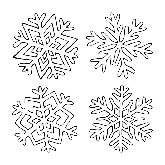 Set snowflakes doodle line art Frozen ice crystals with different patterns Winter symbol Hand drawn vector graphic black and white illustrationb