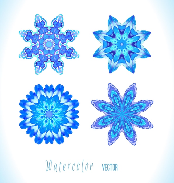 Set of snowflakes fractals or mandalas great for Christmas or ethnic use Hand drawn watercolor illustration Colorful vector snowflake isolated on white background