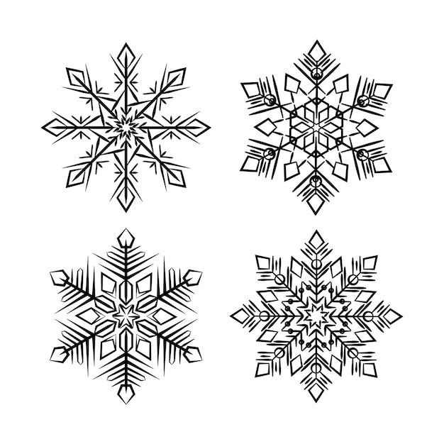 A set of snowflakes. A pattern of symmetrical richly decorated snowflakes. For printing postcards.