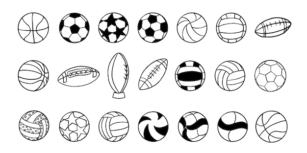 Vector set of soccer ball volleyball basketball american football sports equipment game play doodle