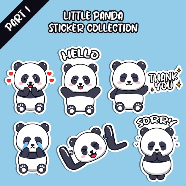 Set of social media emoji cute little panda sticker collection animal emoticon