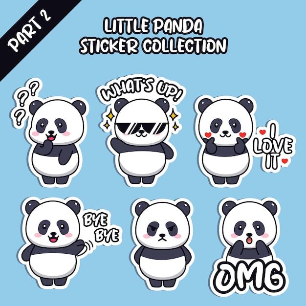 Set of social media emoji cute little panda sticker collection animal emoticon