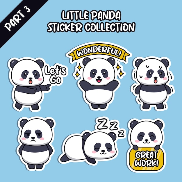 Set of social media emoji cute little panda sticker collection animal emoticon