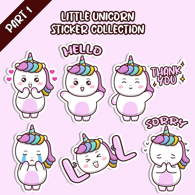 Set of social media emoticon cute little unicorn sticker collection animal emoji