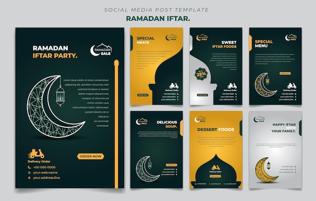 Set of social media post template in green yellow and white background with moon and lantern design