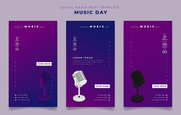 Set of social media post template in portrait background for world music day with microphone design