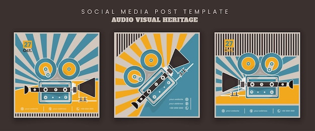 Set of social media post template with flat camera vector illustration for audio visual heritage day