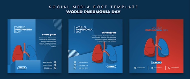 Set of social media post template with lung in red and blue color for world pneumonia day design