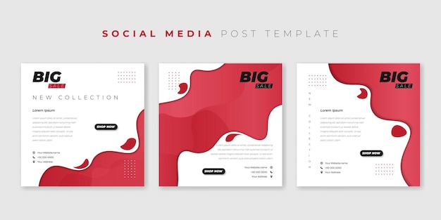 Vector set of social media post template with simple red paper cut on white background design