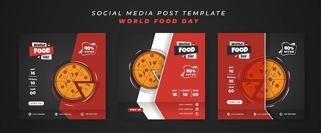 Set of social media post template with sliced pizza in cartoon illustration and red black background