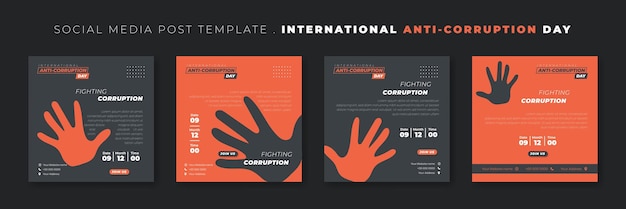 Set of social media post template with stop hand design for International Anti Corruption Day design