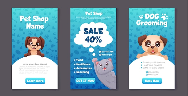 Set of Social media post templates for pet shop dog grooming and sale promotion