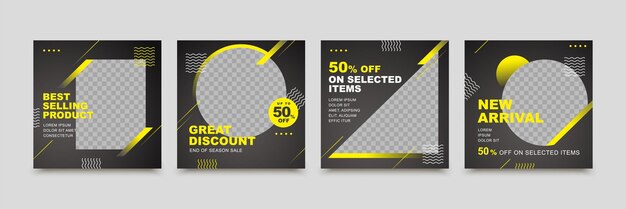 Set of social media post templates with black background color and yellow abstract lines to create a strong image suitable for social media post template and promotions