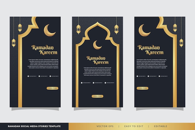 Vector set of social media stories ramadan template portrait islamic dark background design