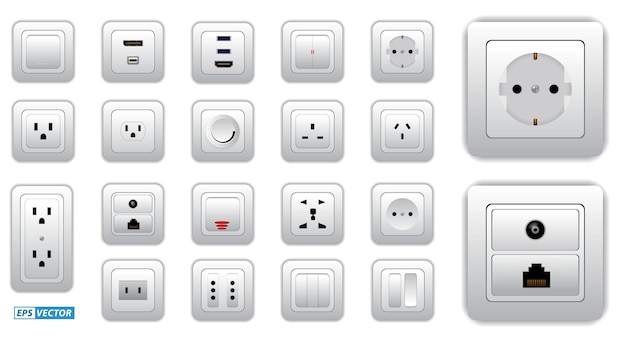 set of socket and switch electrical or realistic electrical plug and switch or computer connectors