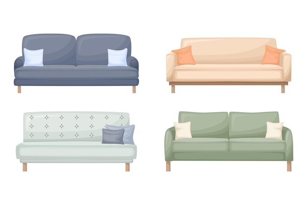 Set of sofas Collection of comfortable sofas for interior design vector illustration