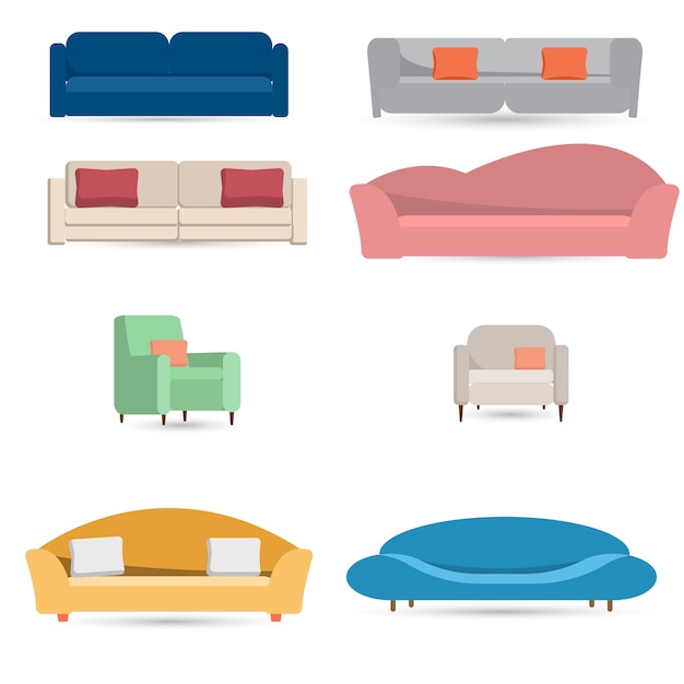 Set of sofas with pillows isolated