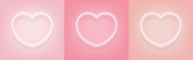 Set of soft pink background with white Heart shape glowing neon light Valentines day background