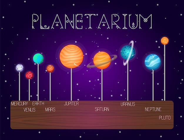 set of solar system planets set in line in cartoon style.