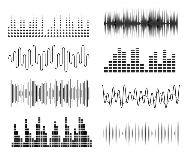 Set of sound music waves. Audio technology musical pulse or sound charts. Music waveform equalizer