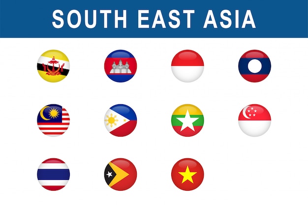 set of south east asian countries round flags