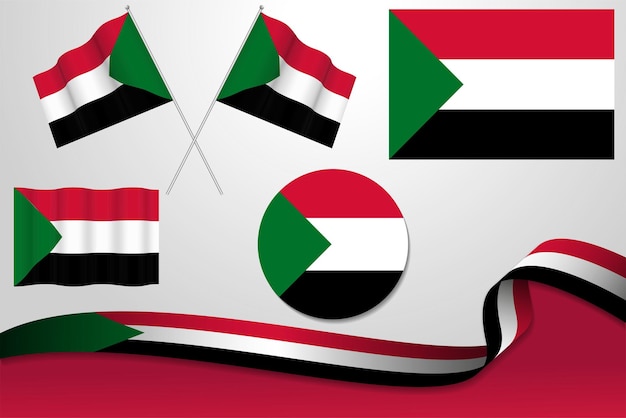 Set Of South Sudan In Different Designs Icon Flaying Flags With ribbon With Background