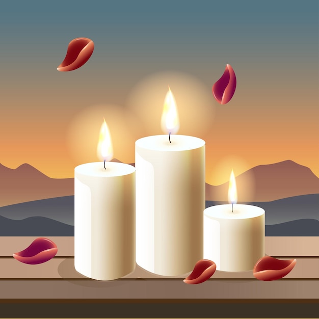 A set of soy candles with rose flower petals on a desert mountain backdrop