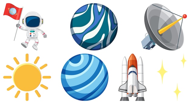 Set of space cartoon characters and objects