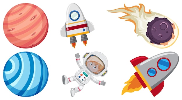 Set of space cartoon characters and objects