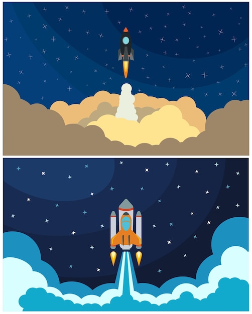 Set of space rocket launch. Vector illustration with flying rocket. Space travel. Project development. Creative idea.