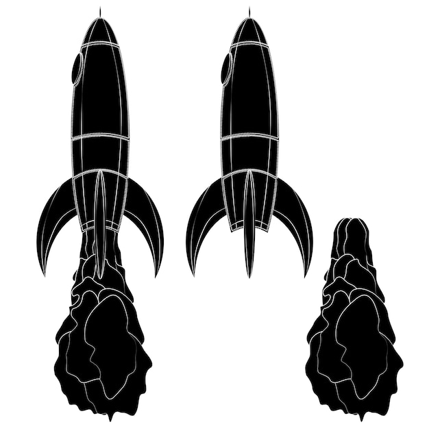 Set of spaceship black silhouette with smoke isolated Space rocket design element