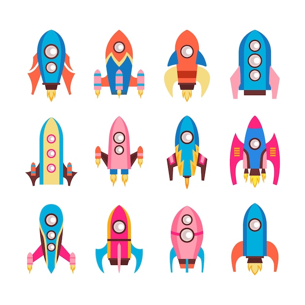 Set of Spaceship Rocket Shutte Spacecraft Vector Illustration