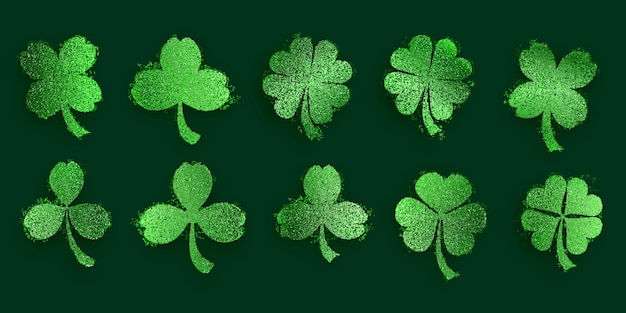 Set of spangle leaf clover made of sparkles in green colors