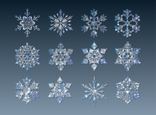 Set of sparkling transparent ice crystal snowflakes