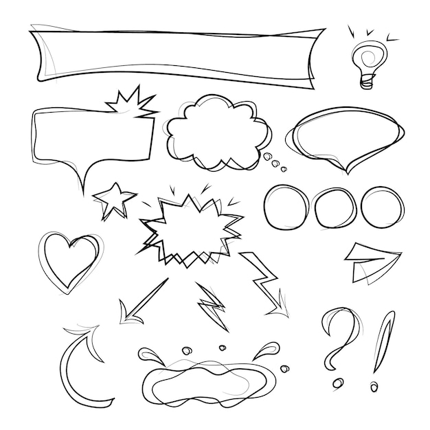 Set of speech bubbles banner arrows and other graphic elements in doodle style