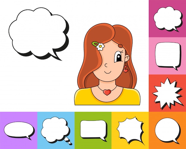 Set of speech bubbles of different shapes. With a cute cartoon character.