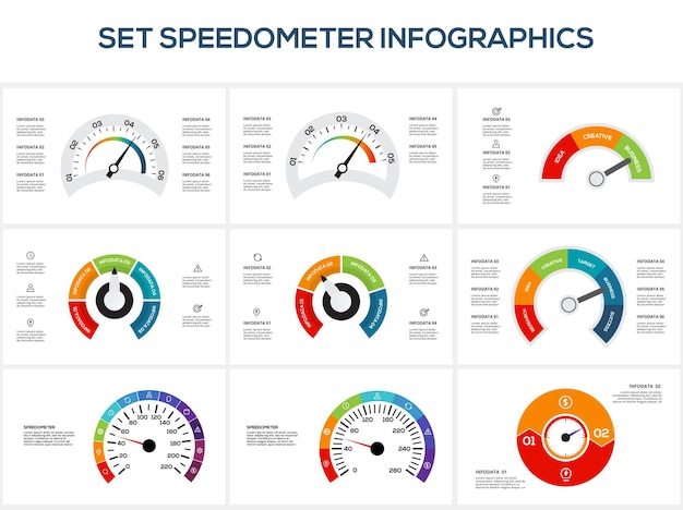 Set speedometer with 2 3 4 5 6 elements infographic template for web business presentations vector illustration Business data visualization